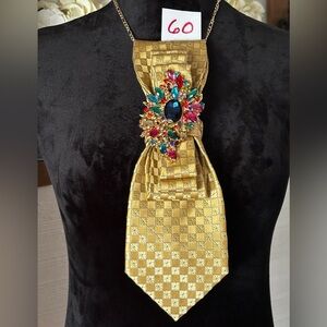 Yellow Gold Neck Tie Necklace with Brilliant Colors Sapphire Brooch OOAK